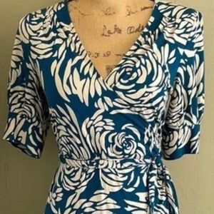 Banana Republic Teal Cream Floral Print Silk-Blend Faux Wrap Dress - Size PS